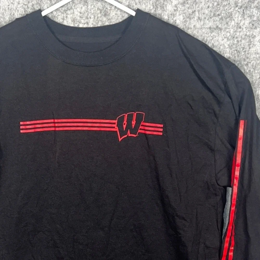 Adidas Wisconsin Badgers Mens Large Black Long Sleeve T-Shirt Graphic Tee Cotton